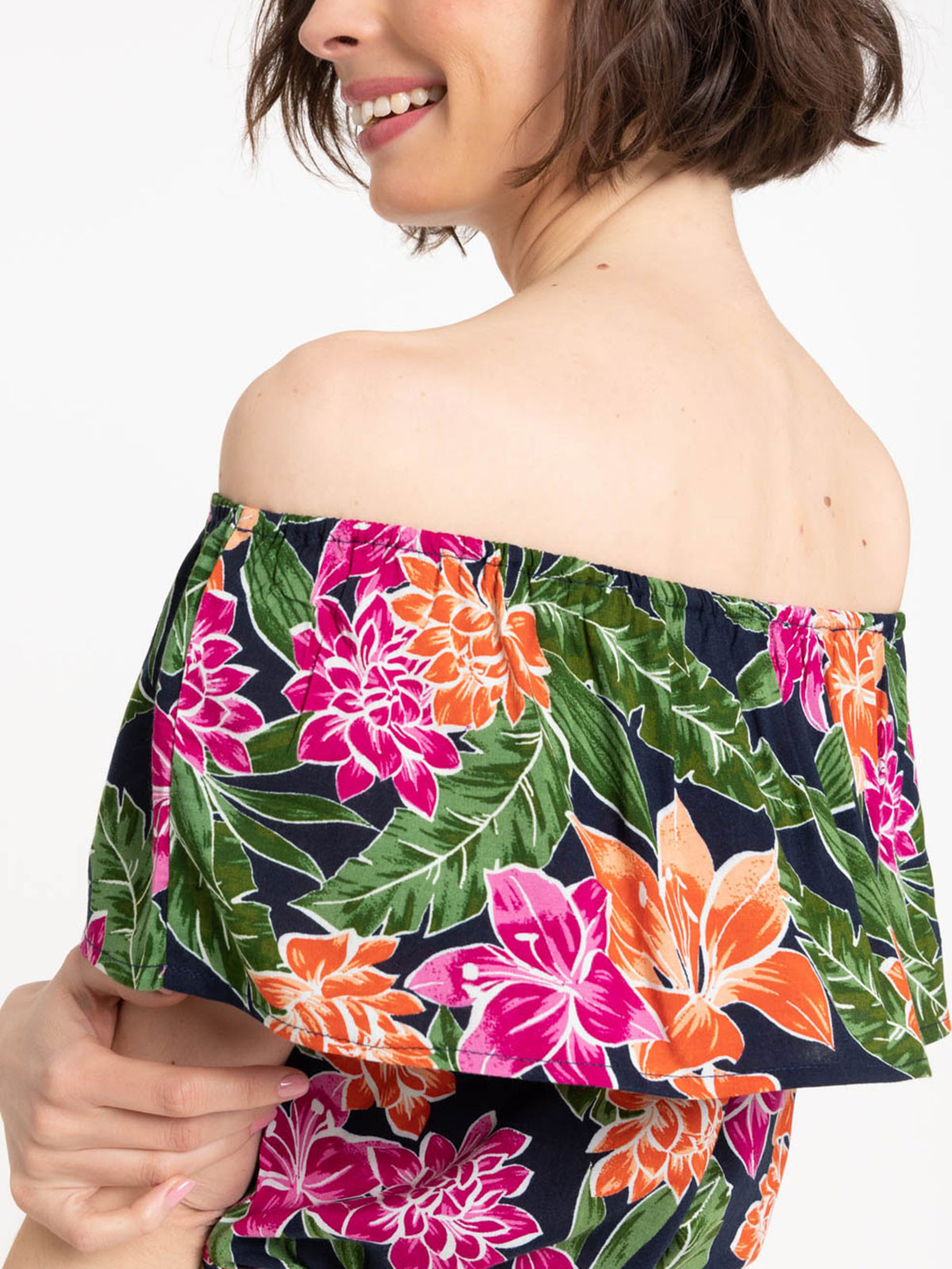 Blouse fleurie col volanté femme