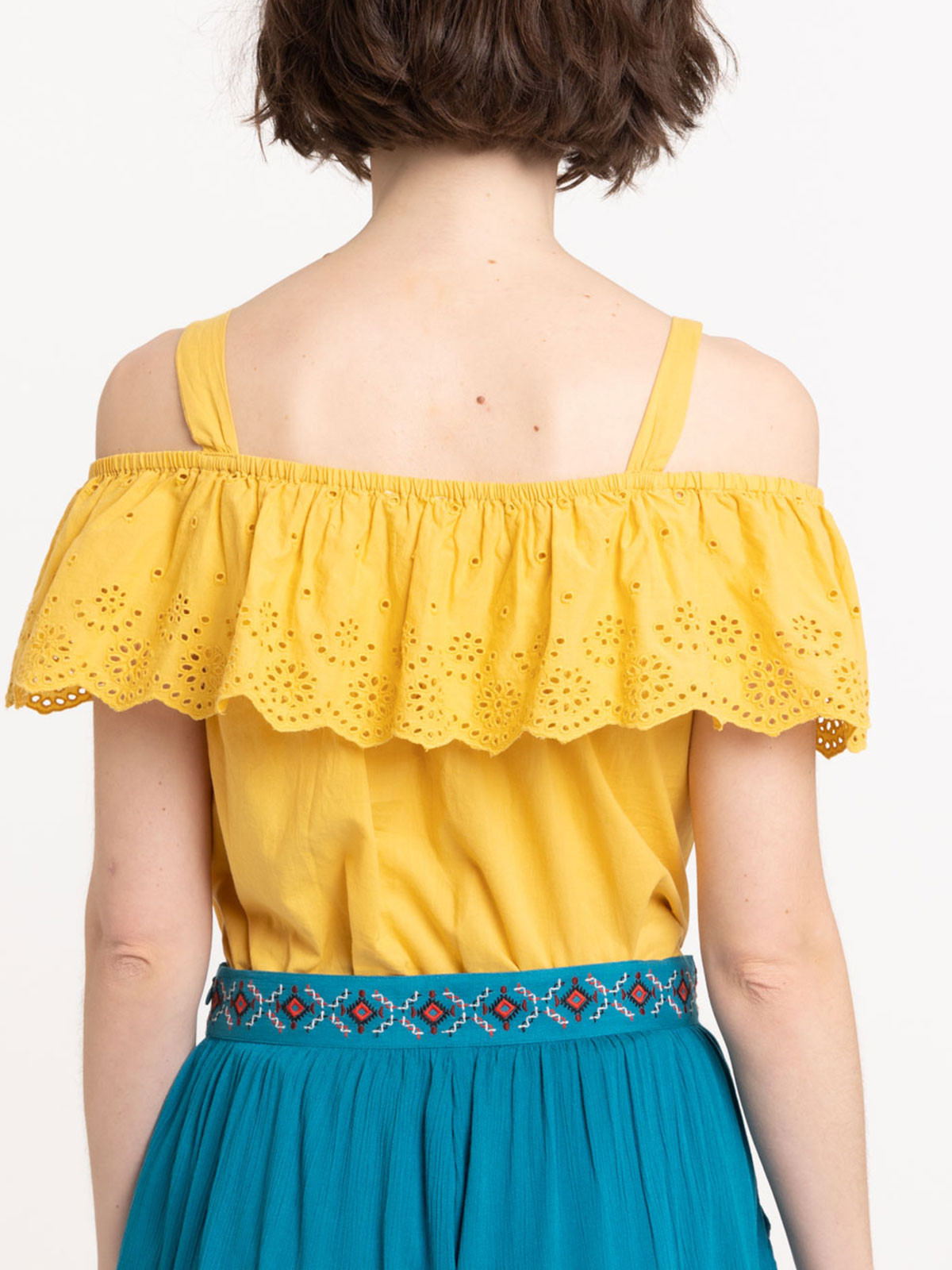 Top volanté ocre jaune femme