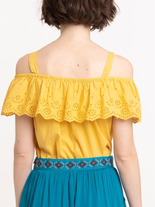 Top volanté ocre jaune femme