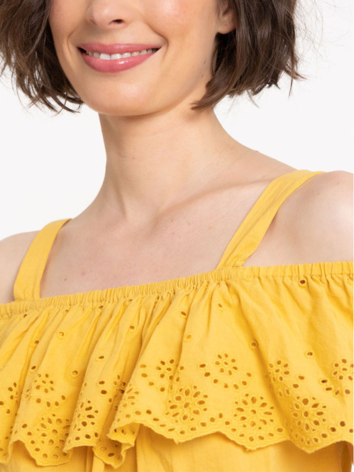 Top volanté ocre jaune femme