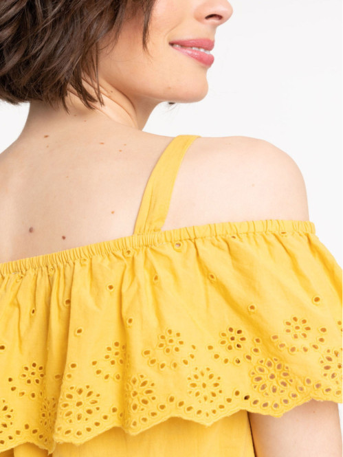 Top volanté ocre jaune femme