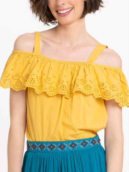Top volanté ocre jaune femme