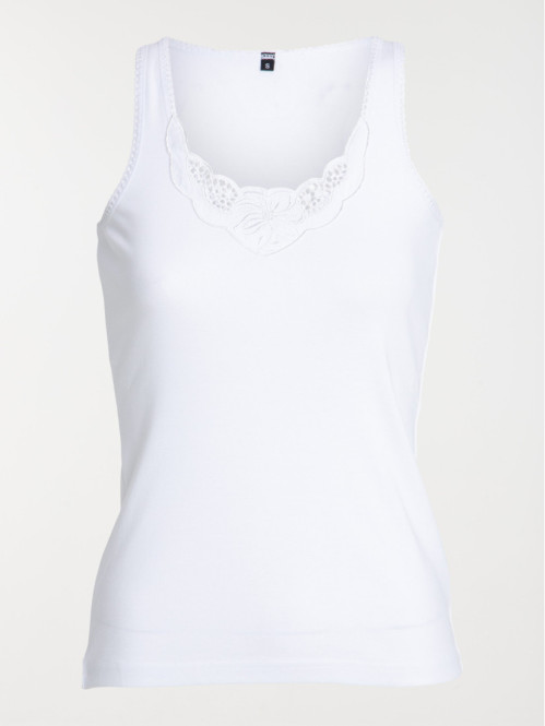 Débardeur col V brodé blanc femme