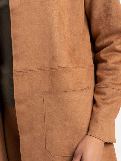 Veste mi-longue suédine camel femme