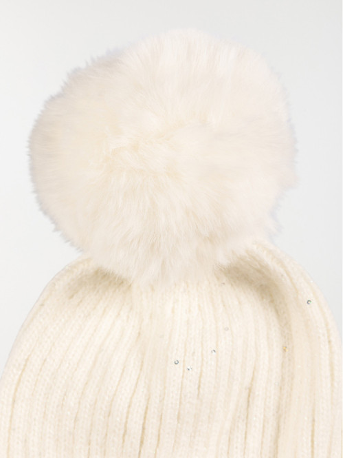 Bonnet fille écru pompon