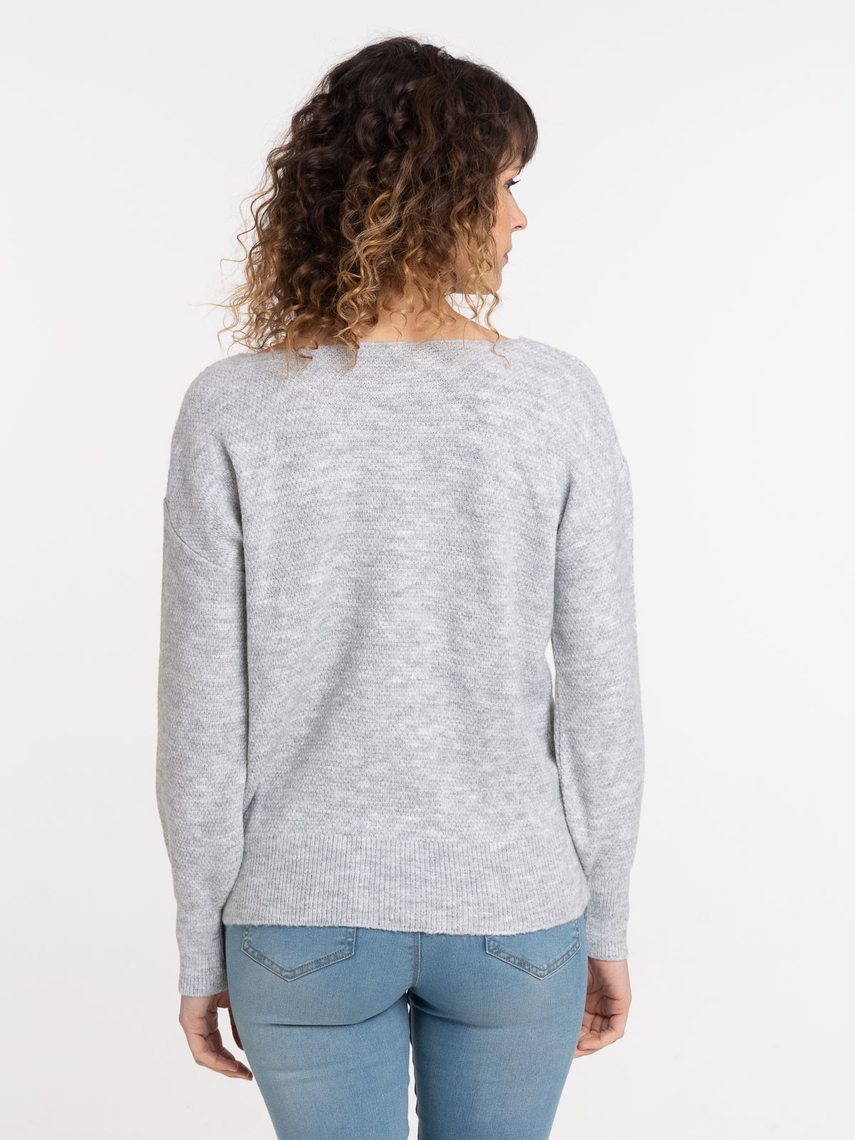 Pull col V gris chiné femme