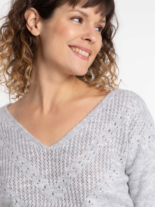 Pull col V gris chiné femme