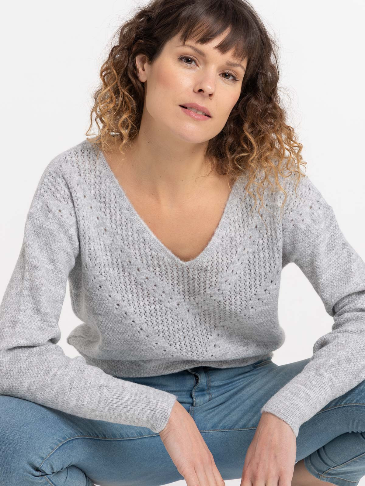 Pull col V gris chiné femme