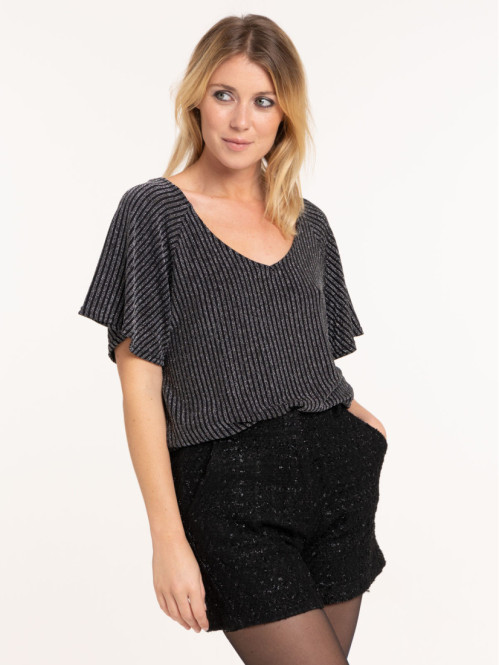 Tee-shirt brillant noir femme
