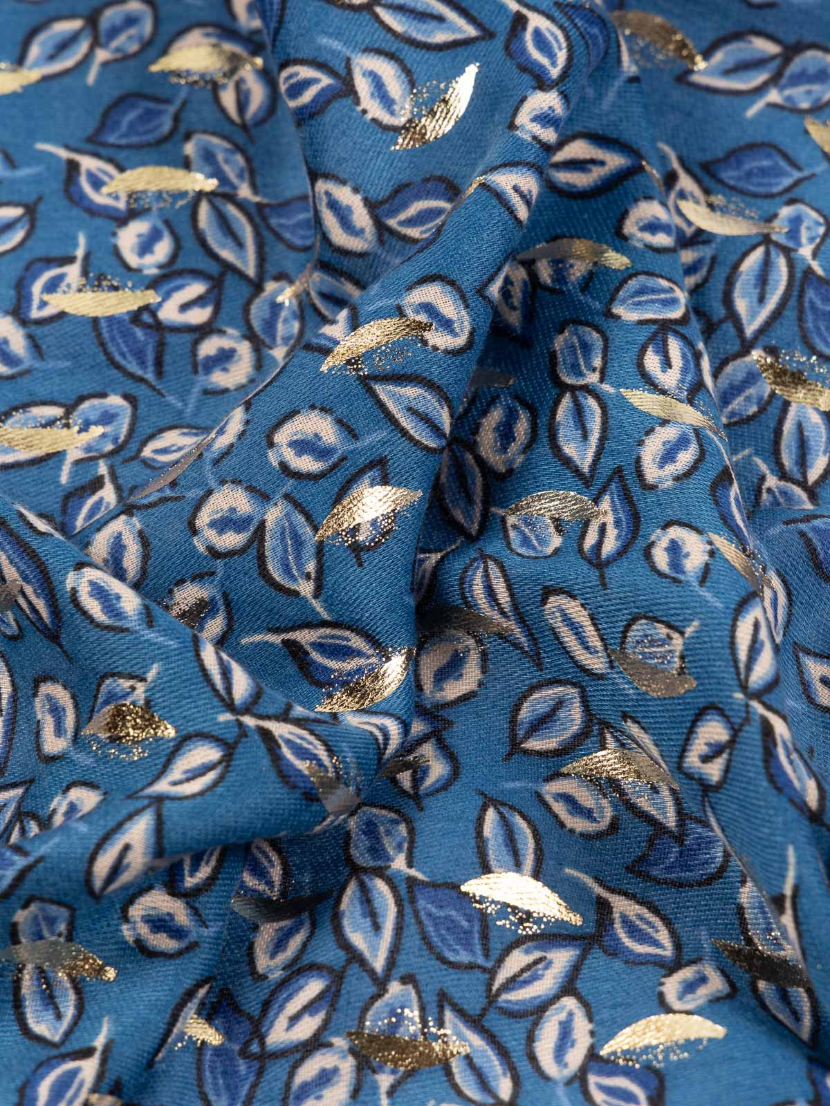 Foulard bleu paon motif doré femme