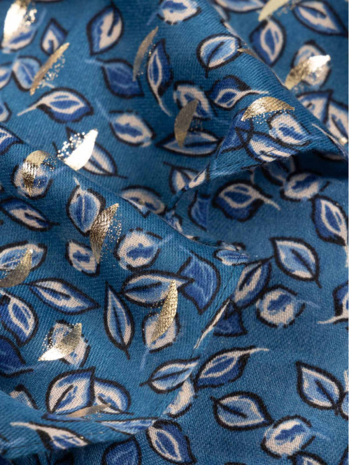 Foulard bleu paon motif doré femme