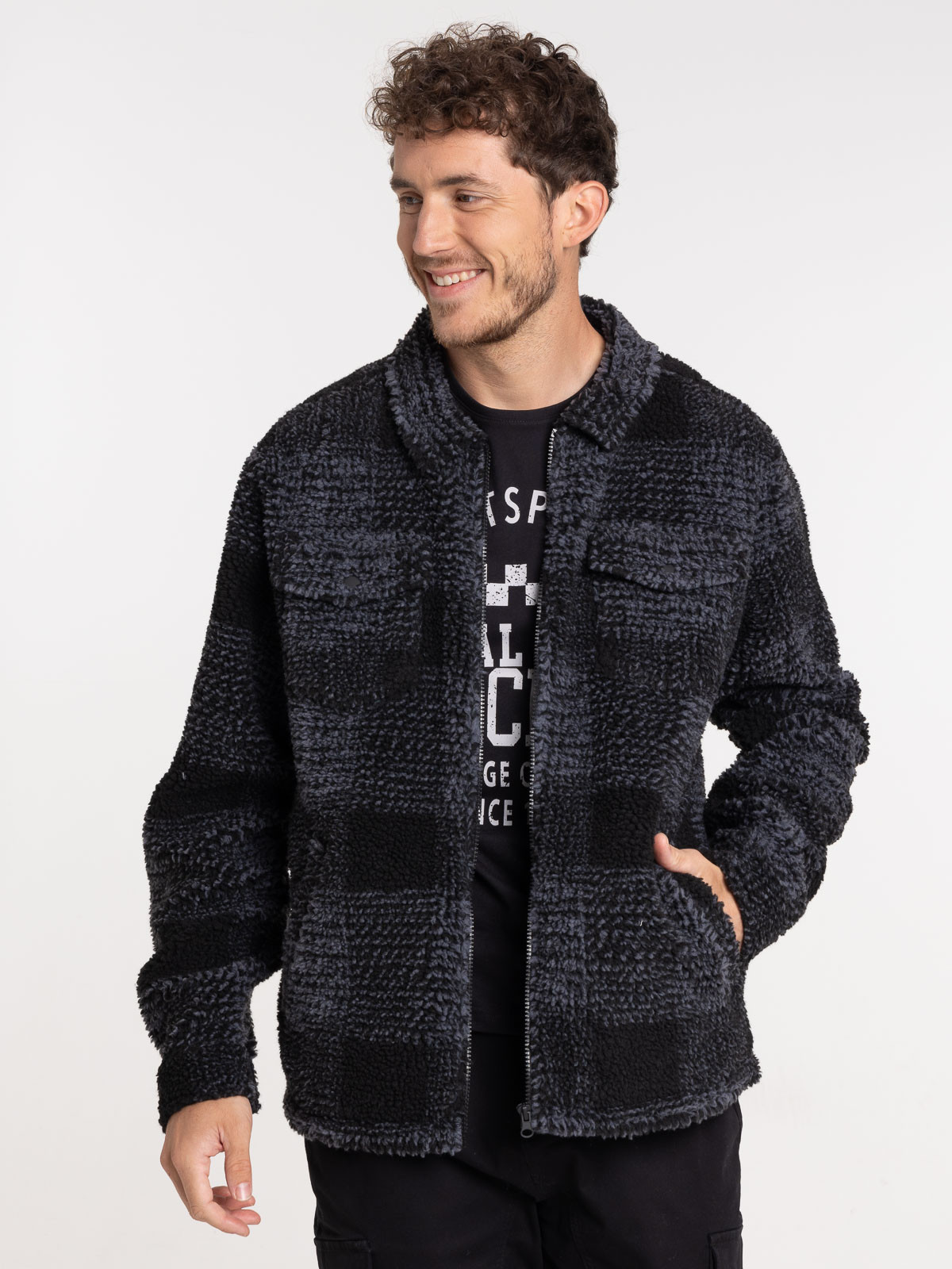 Veste sherpa zippée à carreaux homme