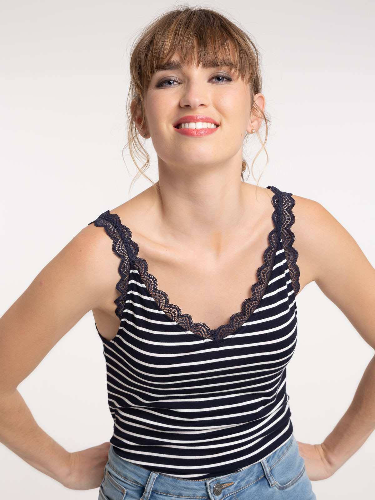 Débardeur femme rayé col V dentelle