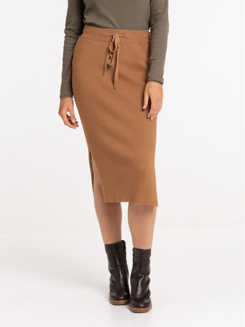 Jupe tube maille camel foncé femme