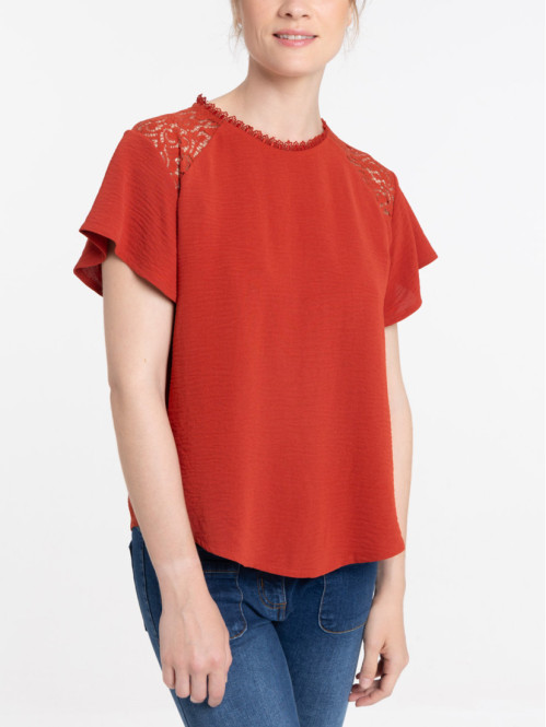 Blouse rouille dentelle épaules femme