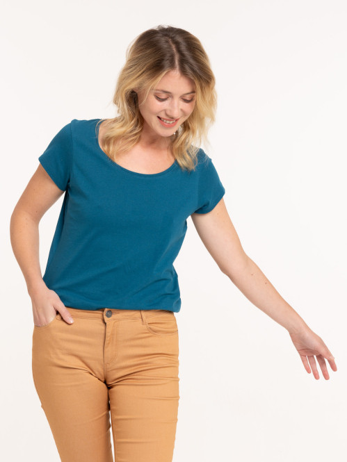 T-shirt uni bleu paon femme