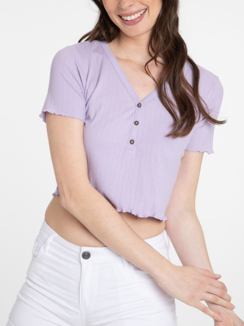 T-shirt lilas col boutonné femme