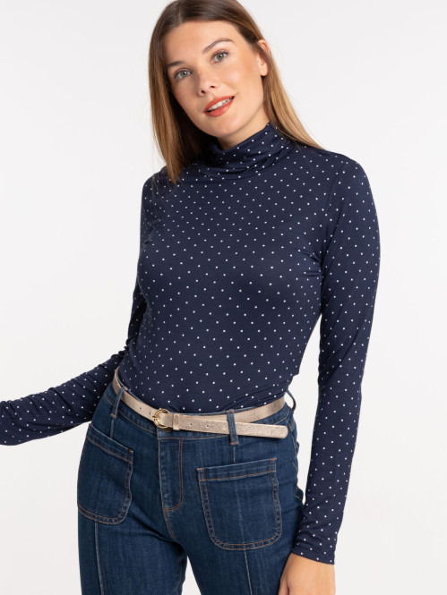 T-shirt col roulé à pois femme