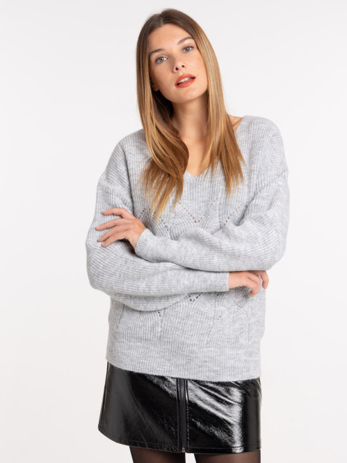Pull gris chiné col V femme