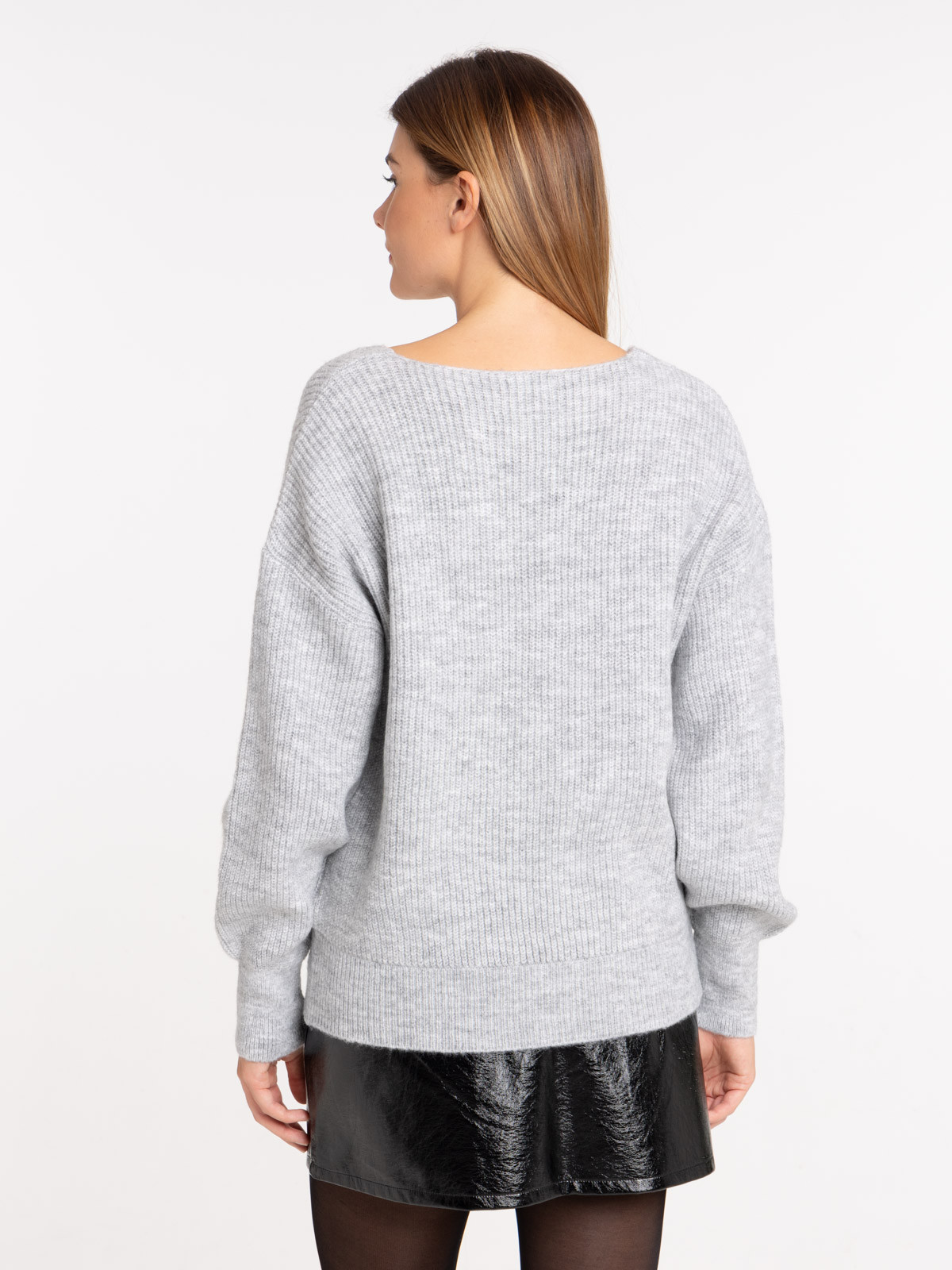 Pull gris chiné col V femme
