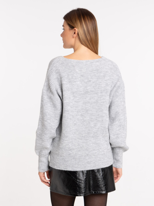 Pull gris chiné col V femme