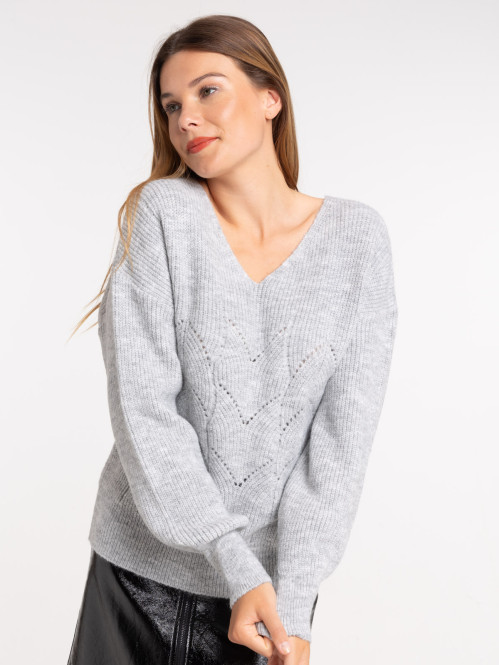 Pull gris chiné col V femme