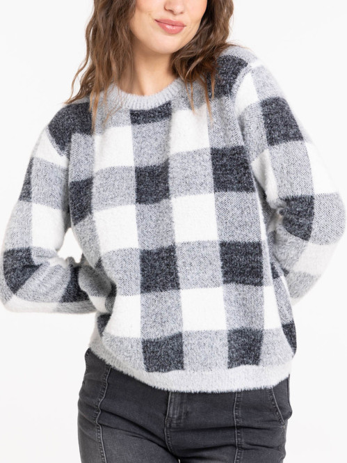 Pull noir à carreaux femme