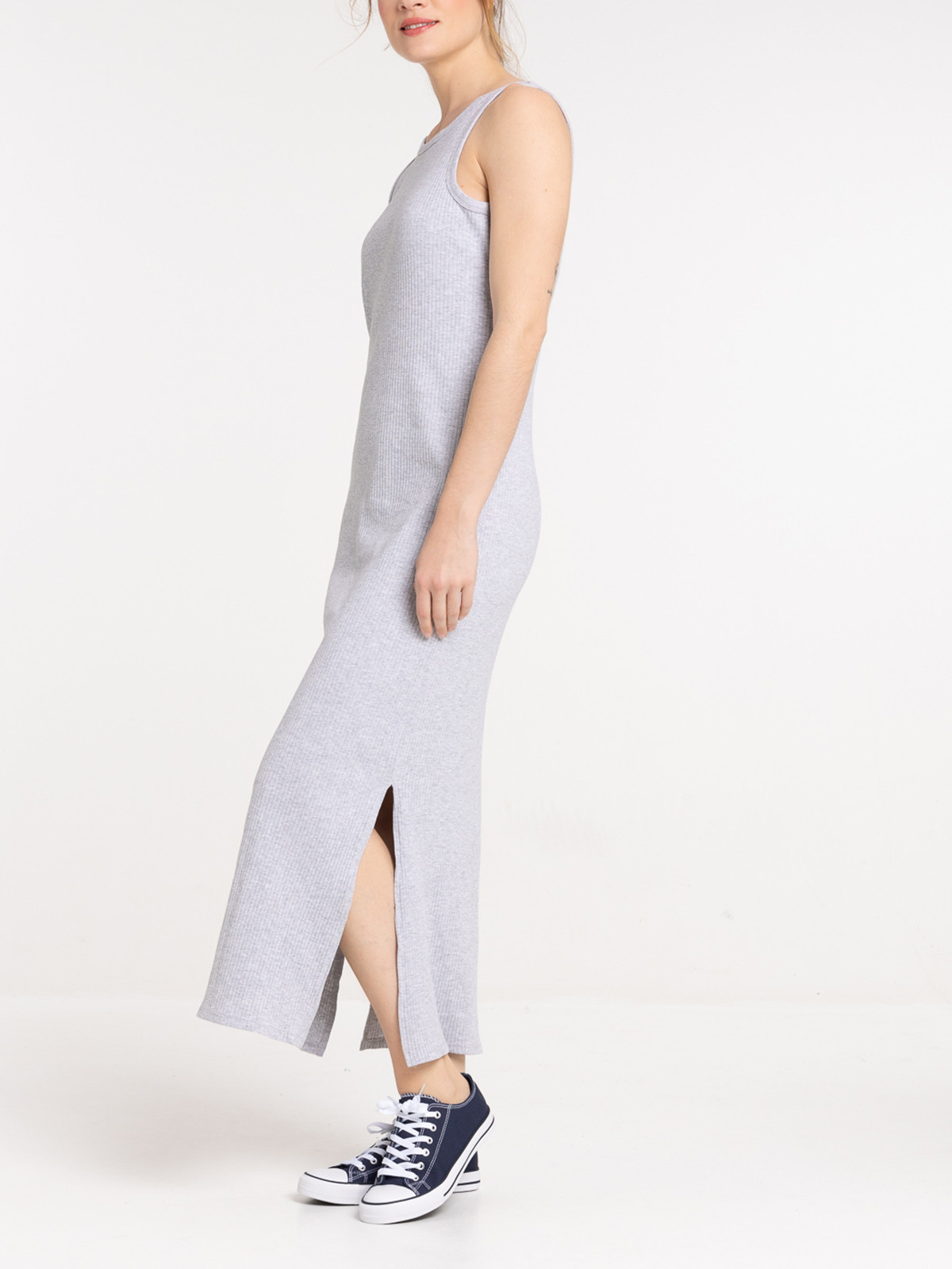 Robe longue côtelée gris chiné femme