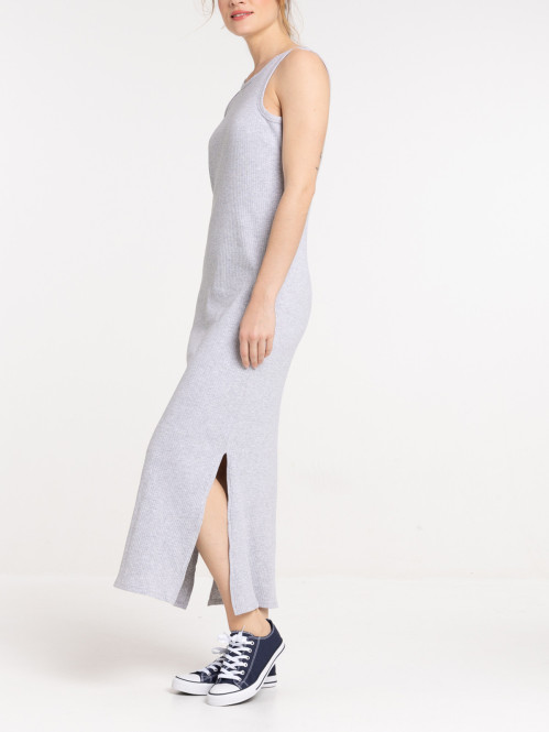 Robe longue côtelée gris chiné femme