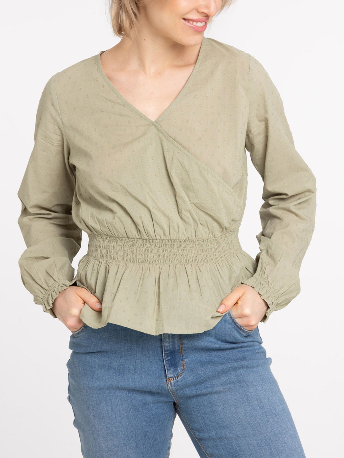 Blouse coloris sauge cache-coeur femme