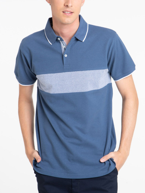 Polo bande contrastée bleu minéral homme