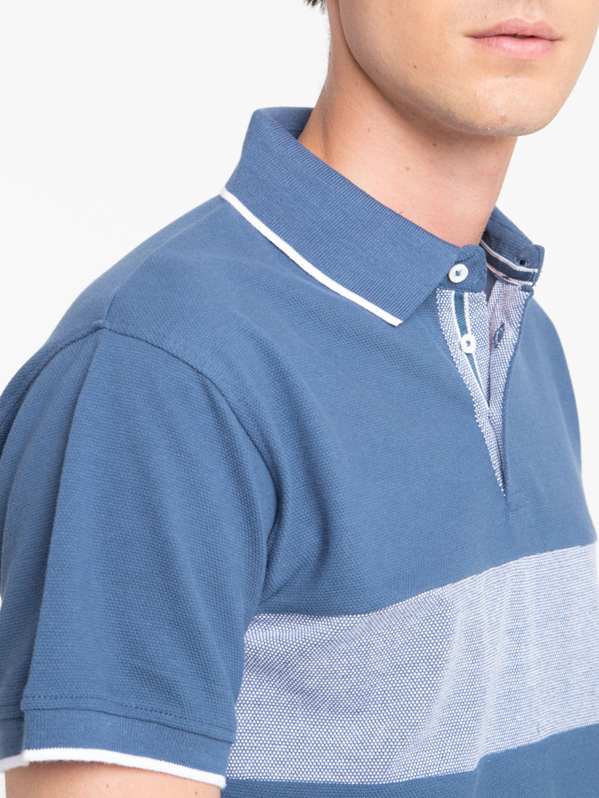 Polo bande contrastée bleu minéral homme