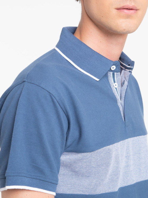 Polo bande contrastée bleu minéral homme