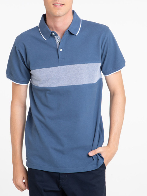 Polo bande contrastée bleu minéral homme