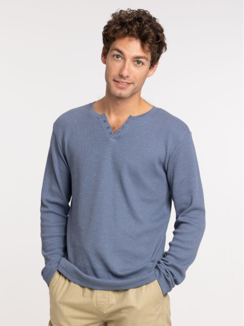 T-shirt bleu lac col tunisien homme