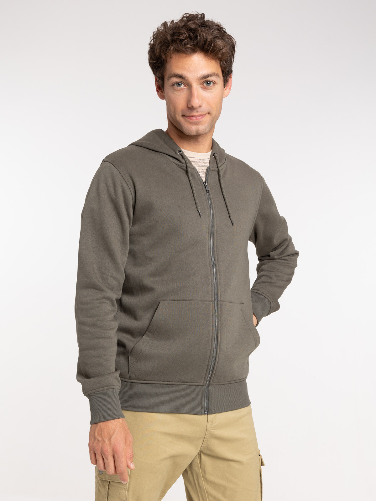 Sweat zippé capuche kaki verdi homme