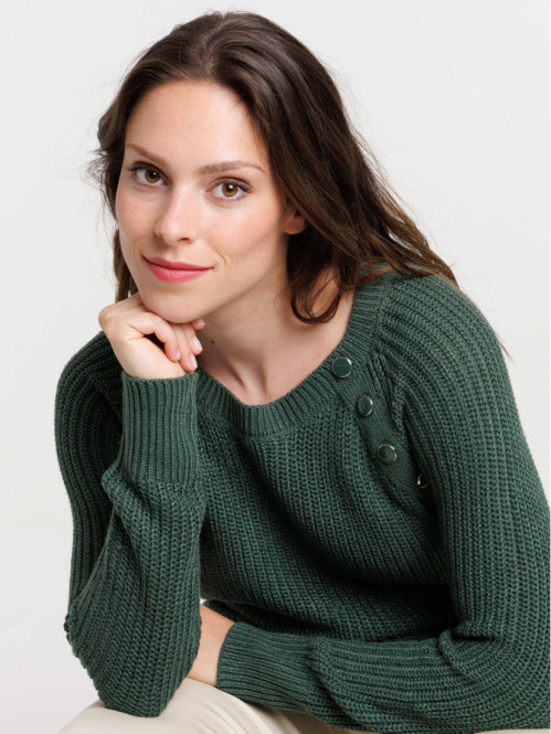 Pull boutons deep green femme