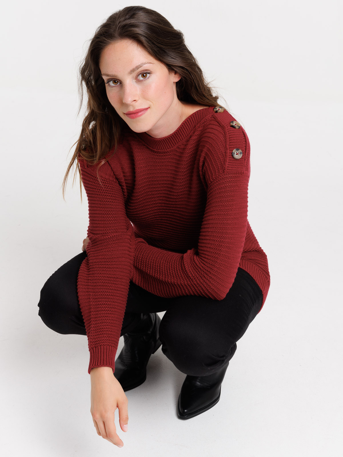 Pull bourgogne col bateau femme