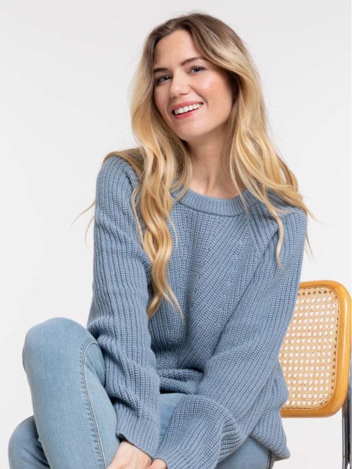 Pull denim stone col rond femme