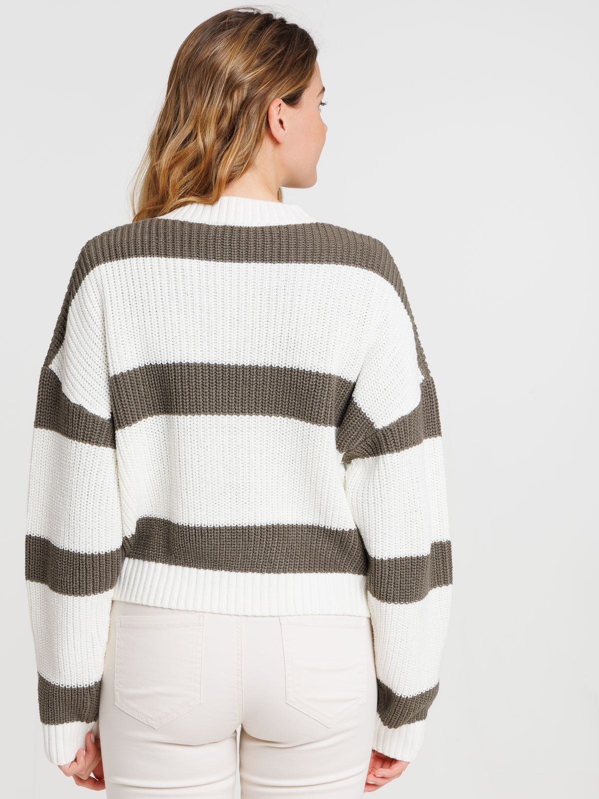 Gilet boutonné rayé écru et kaki femme