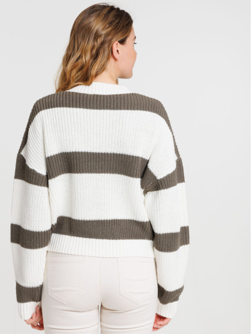 Gilet boutonné rayé écru et...