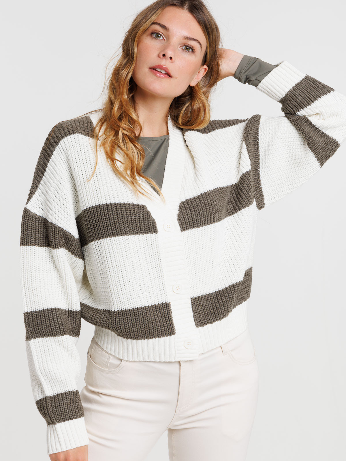 Gilet boutonné rayé écru et kaki femme