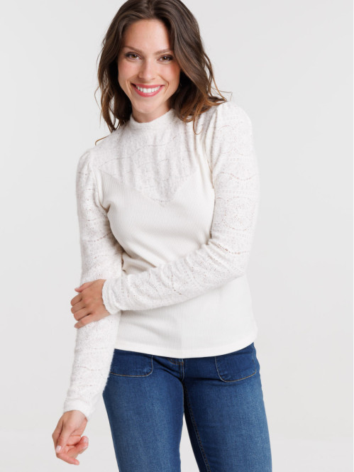 T-shirt col montant dentelle écru femme