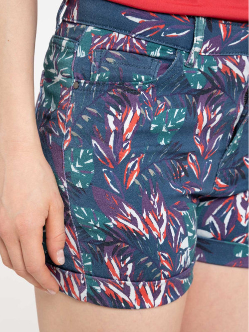 Short bleu paon imprimé feuillage femme