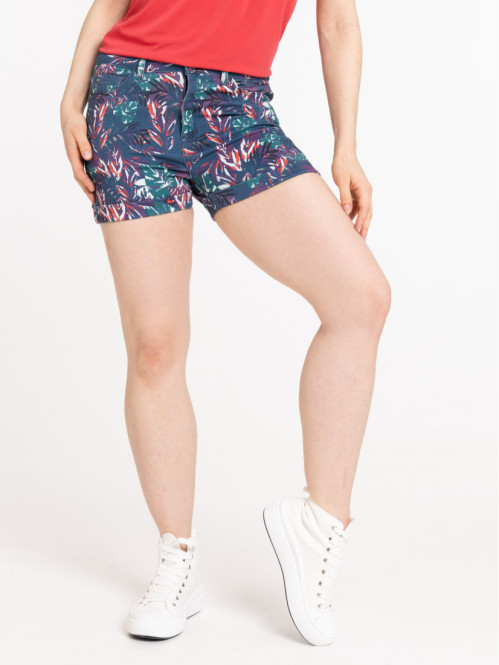 Short bleu paon imprimé feuillage femme