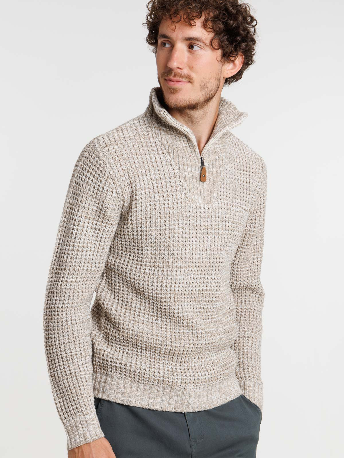 Pull col montant zippé mastic homme
