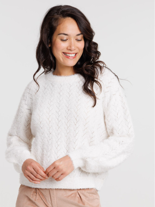 Pull ajouré col rond écru femme