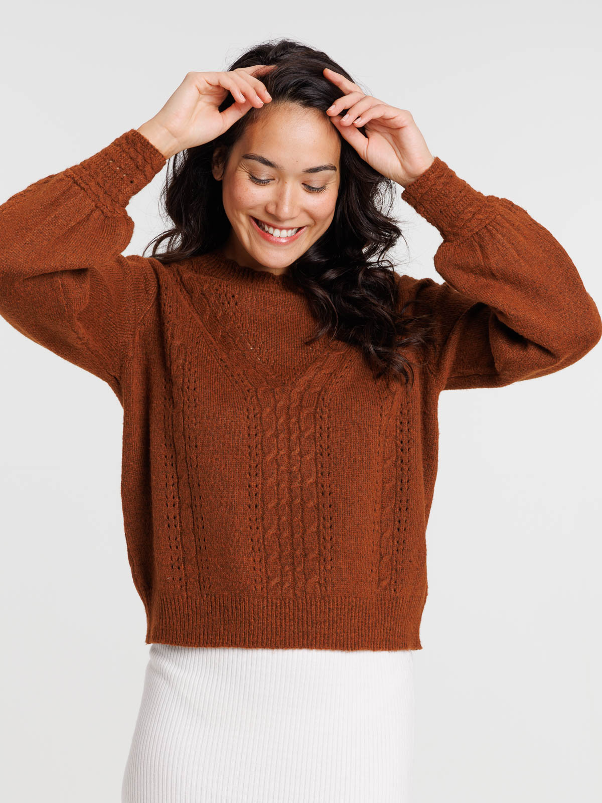 Pull tabac rougi col rond femme