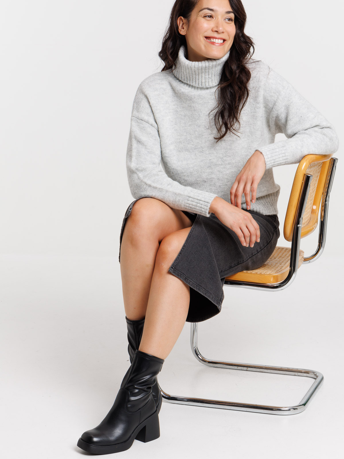 Pull col roulé gris chiné femme