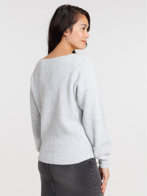 Pull col V gris clair chiné femme